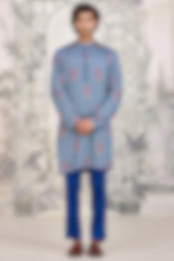 Blue Cotton Satin Printed Kurta Set by Shyam Narayan Prasad Men at Pernia's Pop Up Shop