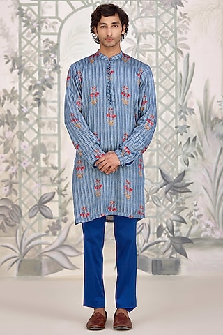 Blue Cotton Satin Printed Kurta Set by Shyam Narayan Prasad Men