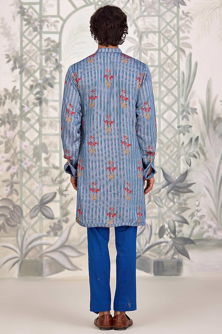 Blue Cotton Satin Printed Kurta Set by Shyam Narayan Prasad Men at Pernia's Pop Up Shop