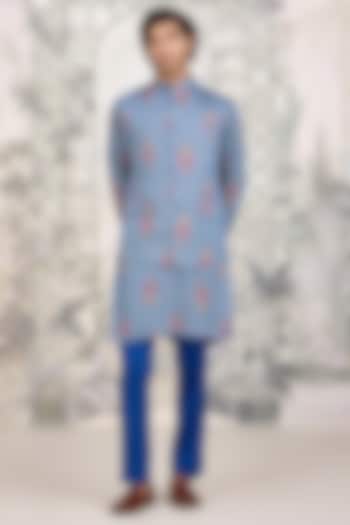 Blue Cotton Satin Printed Nehru Jacket Set by Shyam Narayan Prasad Men at Pernia's Pop Up Shop