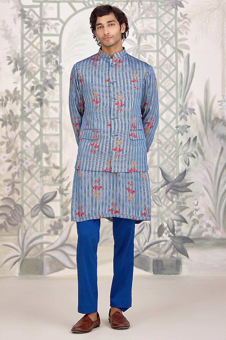 Blue Cotton Satin Printed Nehru Jacket Set by Shyam Narayan Prasad Men at Pernia's Pop Up Shop