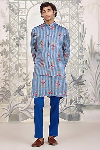 Blue Cotton Satin Printed Nehru Jacket Set by Shyam Narayan Prasad Men