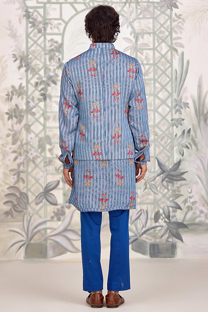 Blue Cotton Satin Printed Nehru Jacket Set by Shyam Narayan Prasad Men at Pernia's Pop Up Shop