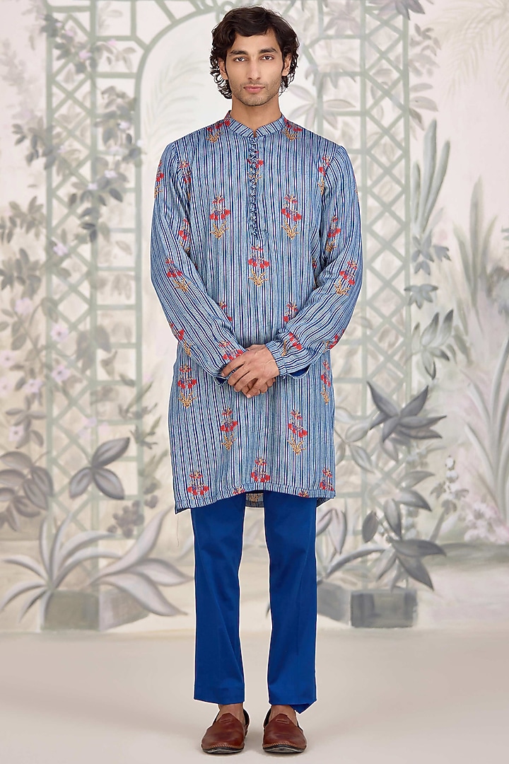 Blue Cotton Satin Printed Nehru Jacket Set by Shyam Narayan Prasad Men at Pernia's Pop Up Shop