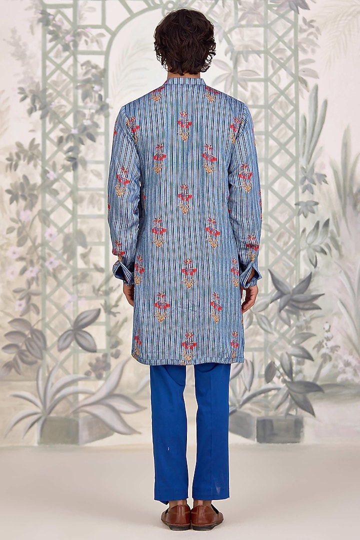Blue Cotton Satin Printed Nehru Jacket Set by Shyam Narayan Prasad Men at Pernia's Pop Up Shop
