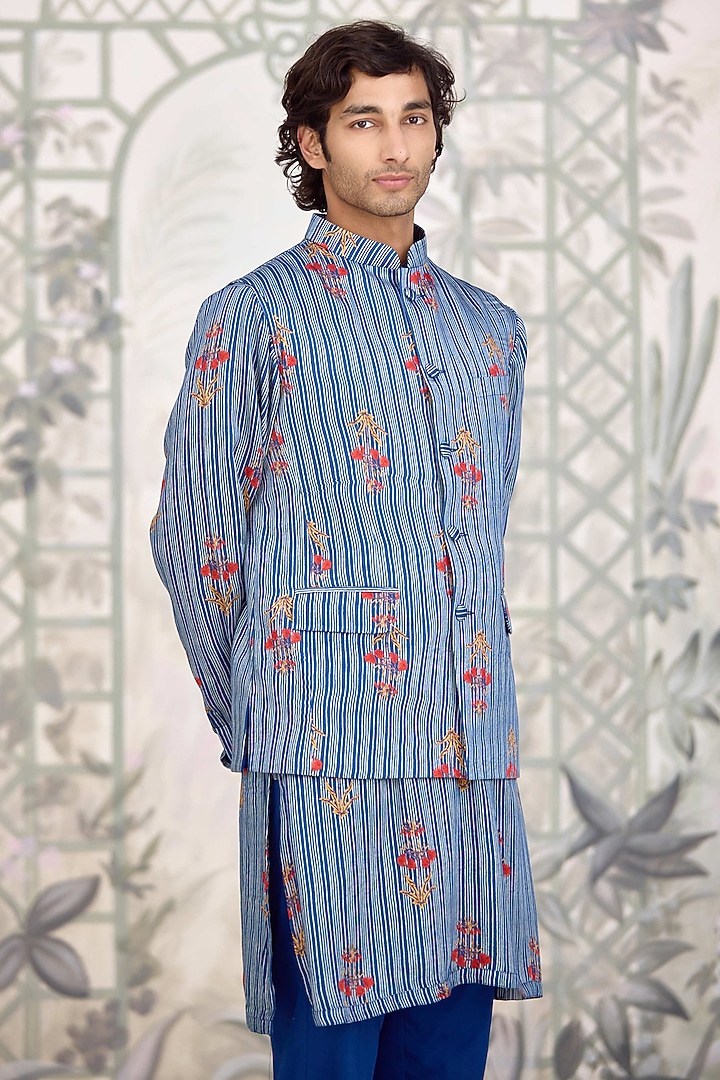 Blue Cotton Satin Printed Nehru Jacket Set by Shyam Narayan Prasad Men at Pernia's Pop Up Shop