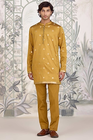Mustard Brocade Silk Kurta Set by Shyam Narayan Prasad Men