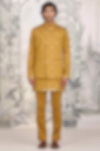 Mustard Brocade Silk Nehru Jacket Set by Shyam Narayan Prasad Men at Pernia's Pop Up Shop