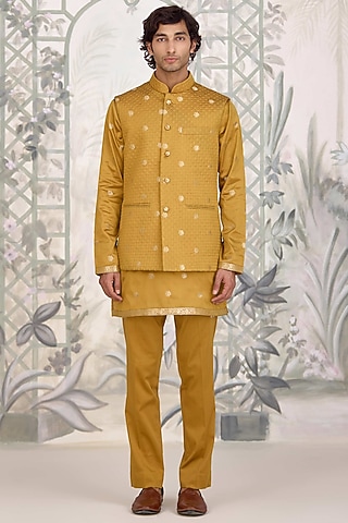 Mustard Brocade Silk Nehru Jacket Set by Shyam Narayan Prasad Men