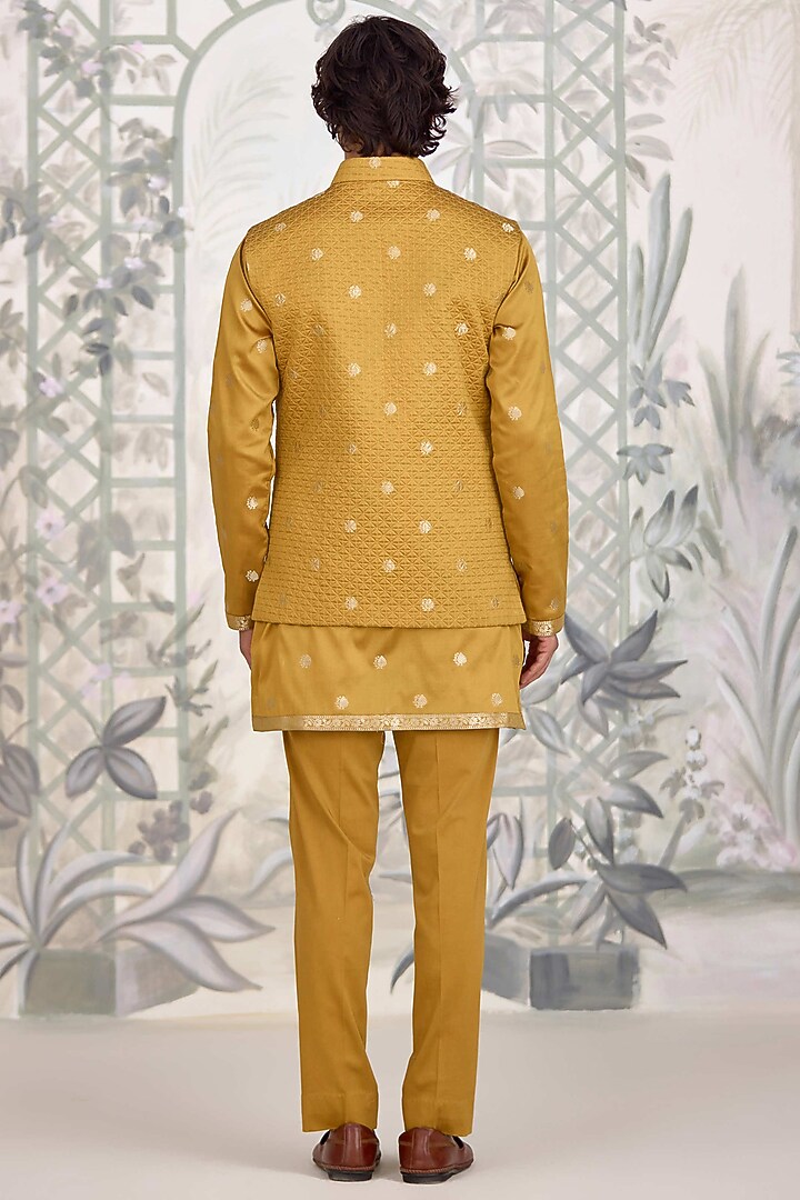 Mustard Brocade Silk Nehru Jacket Set by Shyam Narayan Prasad Men at Pernia's Pop Up Shop