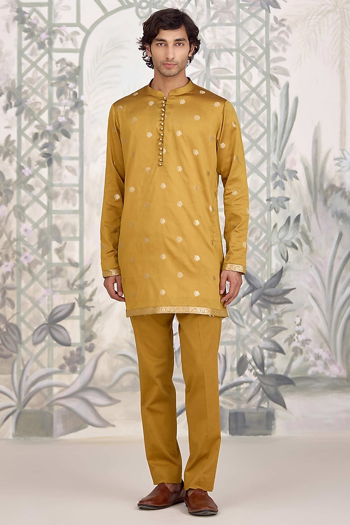 Mustard Brocade Silk Nehru Jacket Set by Shyam Narayan Prasad Men at Pernia's Pop Up Shop