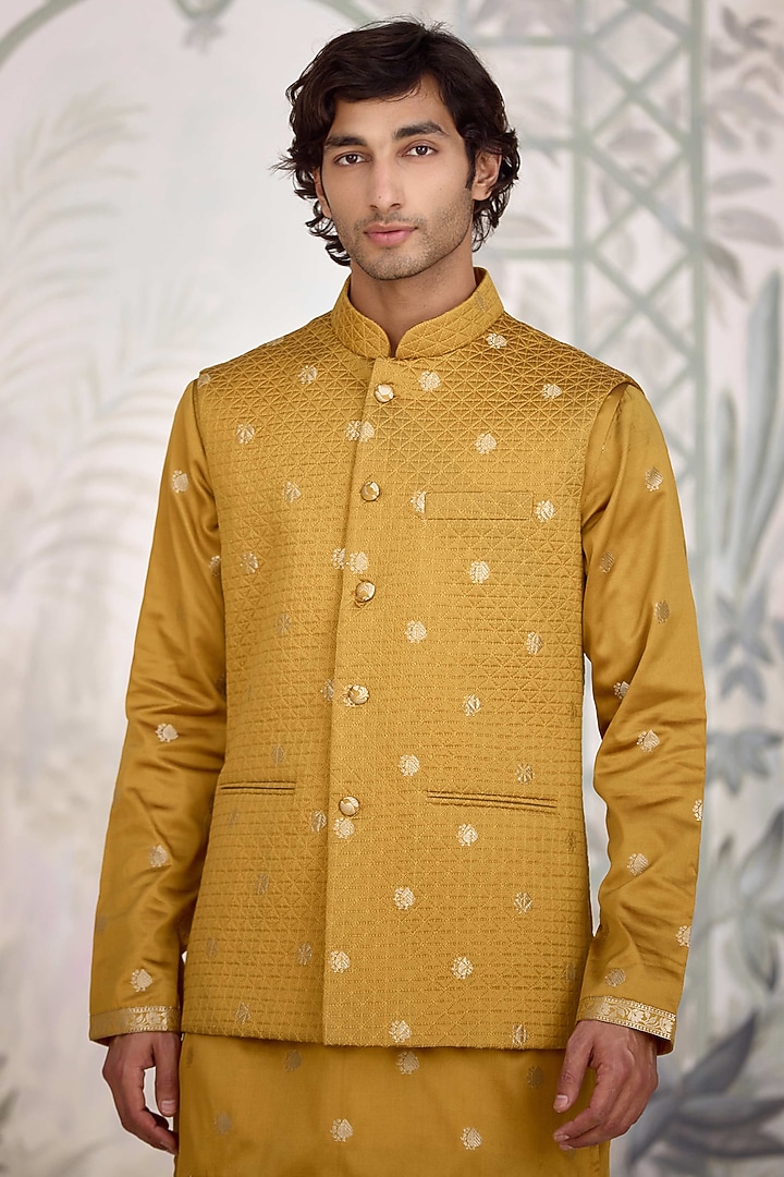 Mustard Brocade Silk Nehru Jacket Set by Shyam Narayan Prasad Men at Pernia's Pop Up Shop