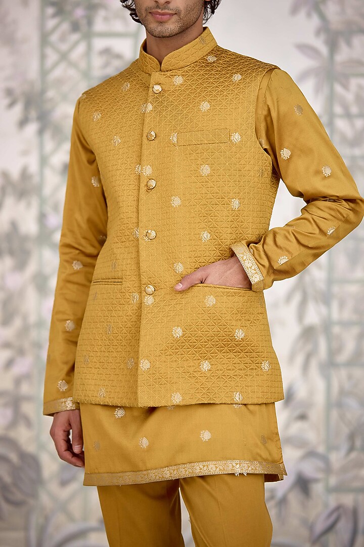 Mustard Brocade Silk Nehru Jacket Set by Shyam Narayan Prasad Men at Pernia's Pop Up Shop