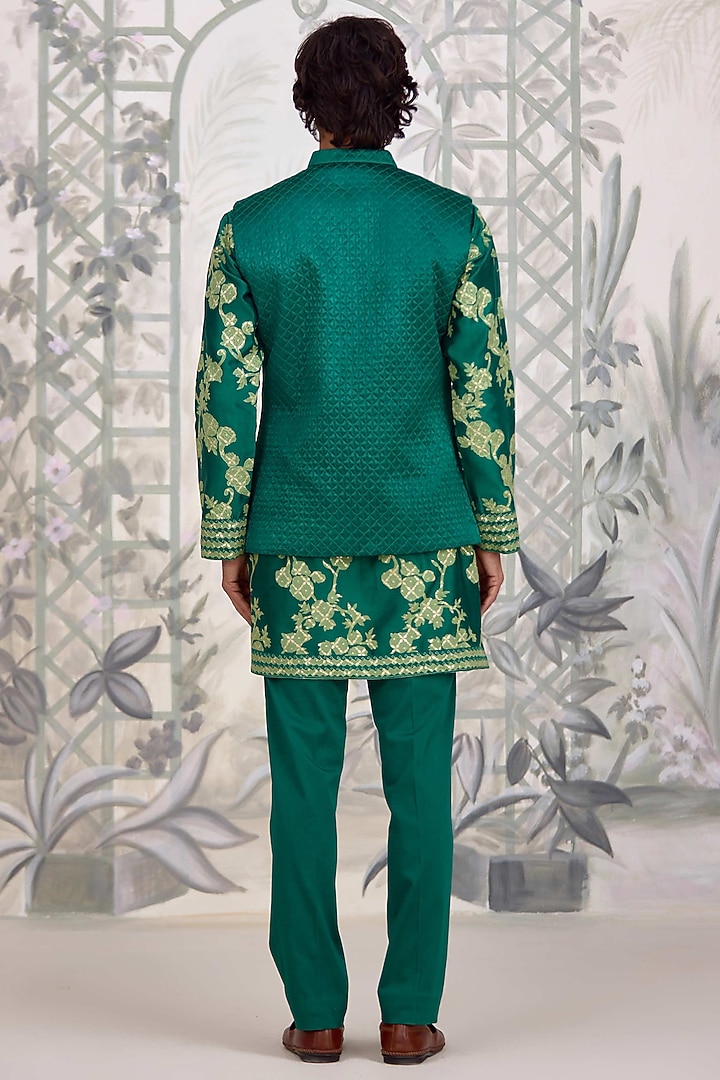 Forest Green Chanderi Silk Nehru Quilted Jacket Set by Shyam Narayan Prasad Men at Pernia's Pop Up Shop