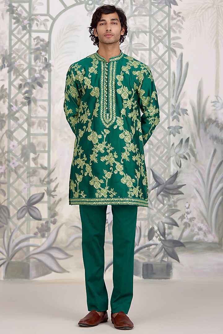 Forest Green Chanderi Silk Nehru Quilted Jacket Set by Shyam Narayan Prasad Men at Pernia's Pop Up Shop