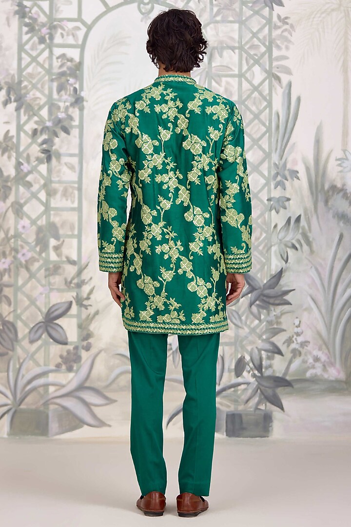Forest Green Chanderi Silk Nehru Quilted Jacket Set by Shyam Narayan Prasad Men at Pernia's Pop Up Shop
