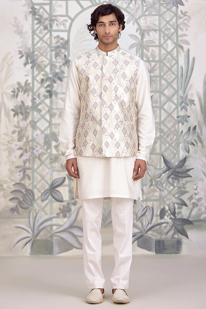 White Cotton Silk & Brocade Nehru Jacket Set by Shyam Narayan Prasad Men at Pernia's Pop Up Shop