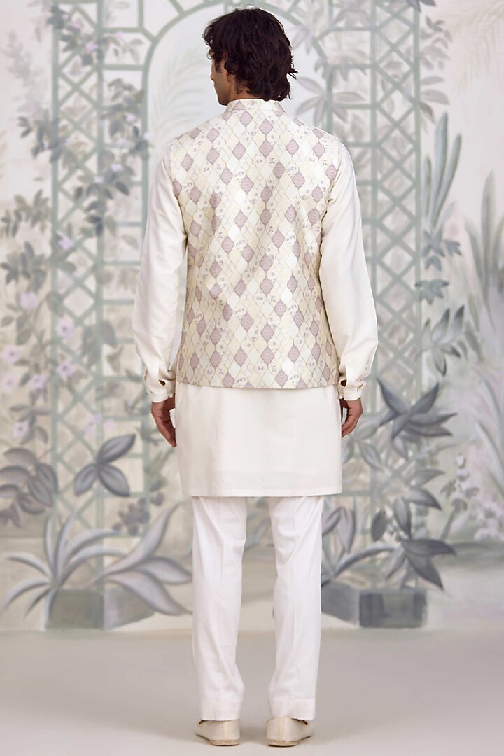 White Cotton Silk & Brocade Nehru Jacket Set by Shyam Narayan Prasad Men at Pernia's Pop Up Shop