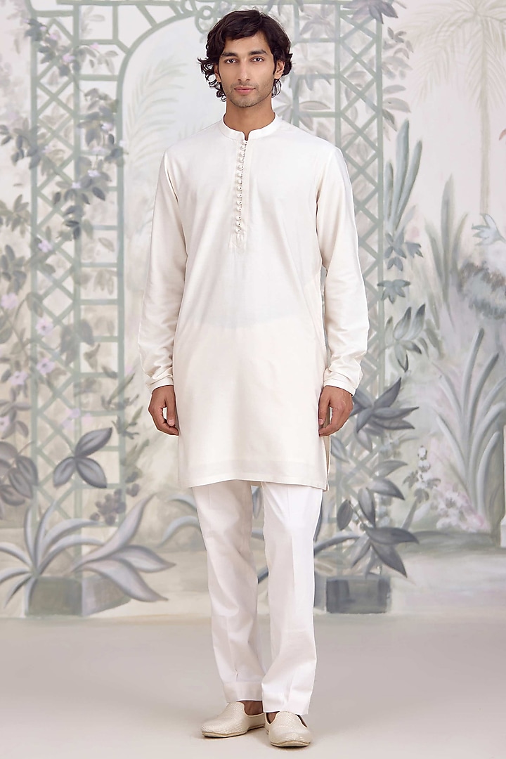White Cotton Silk & Brocade Nehru Jacket Set by Shyam Narayan Prasad Men at Pernia's Pop Up Shop