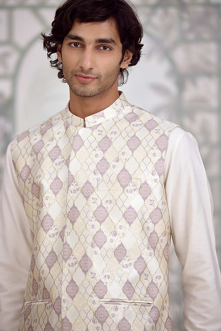 White Cotton Silk & Brocade Nehru Jacket Set by Shyam Narayan Prasad Men at Pernia's Pop Up Shop
