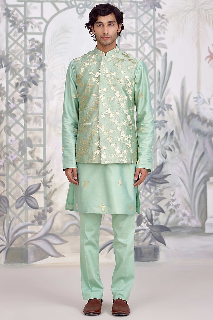 Sea Green Cotton Silk Applique Embroidered Nehru Jacket Set by Shyam Narayan Prasad Men at Pernia's Pop Up Shop