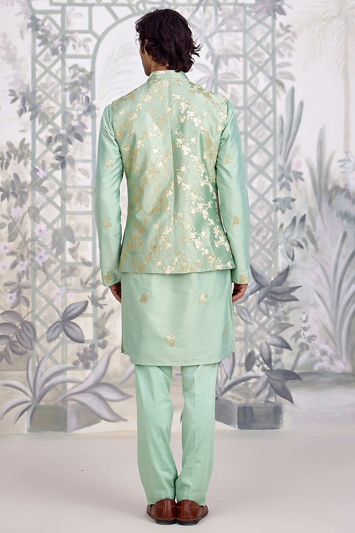 Sea Green Cotton Silk Applique Embroidered Nehru Jacket Set by Shyam Narayan Prasad Men at Pernia's Pop Up Shop