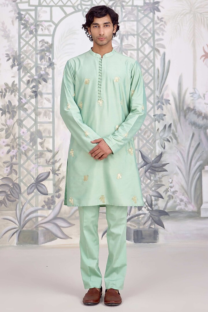 Sea Green Cotton Silk Applique Embroidered Nehru Jacket Set by Shyam Narayan Prasad Men at Pernia's Pop Up Shop
