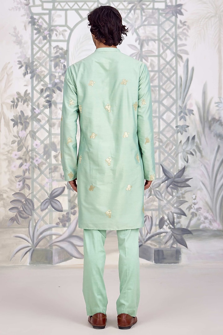 Sea Green Cotton Silk Applique Embroidered Nehru Jacket Set by Shyam Narayan Prasad Men at Pernia's Pop Up Shop