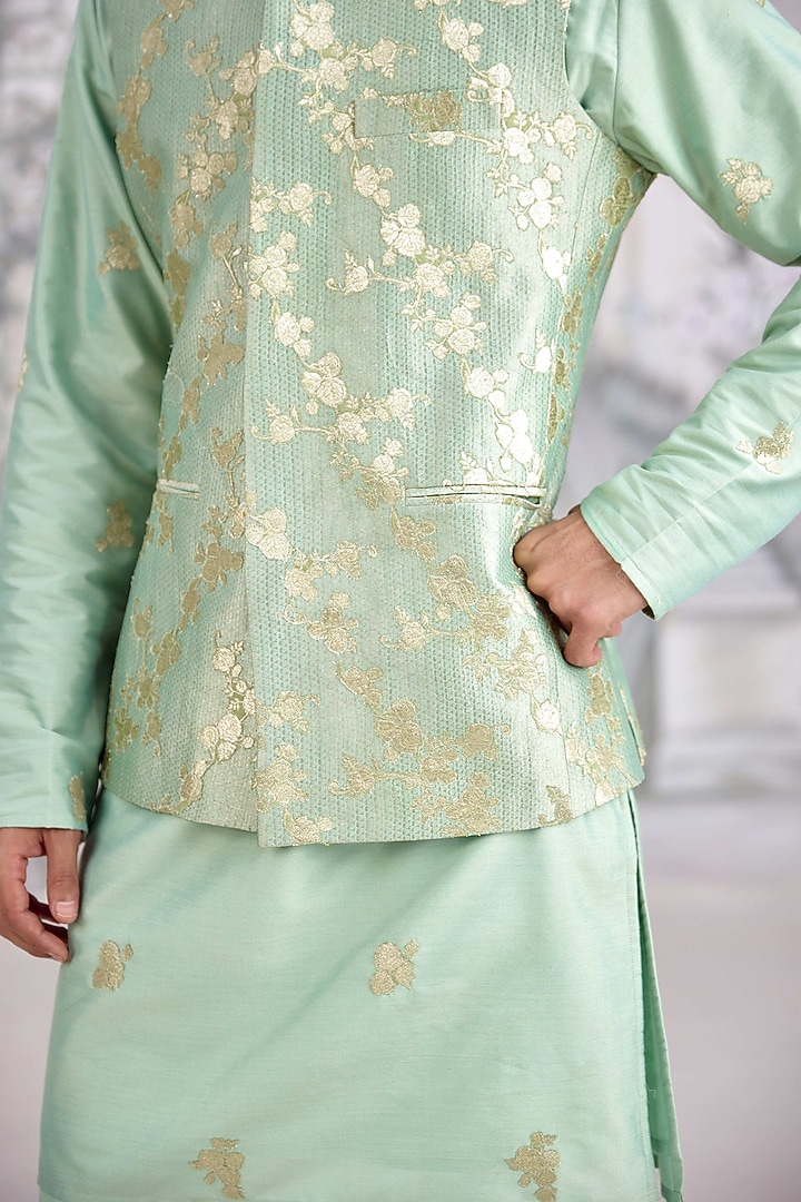 Sea Green Cotton Silk Applique Embroidered Nehru Jacket Set by Shyam Narayan Prasad Men at Pernia's Pop Up Shop