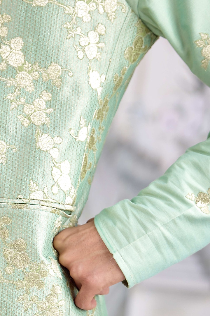 Sea Green Cotton Silk Applique Embroidered Nehru Jacket Set by Shyam Narayan Prasad Men at Pernia's Pop Up Shop