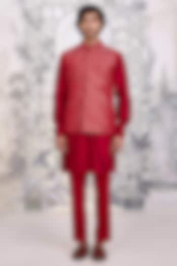 Maroon Cotton Silk & Brocade Nehru Jacket Set by Shyam Narayan Prasad Men at Pernia's Pop Up Shop