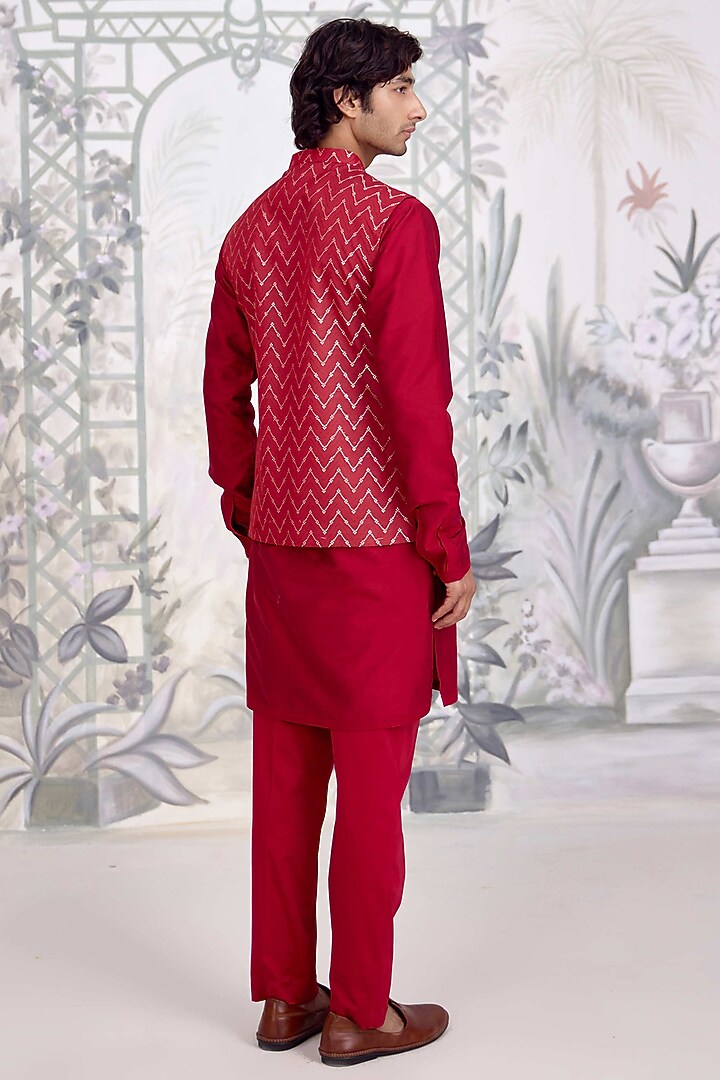 Maroon Cotton Silk & Brocade Nehru Jacket Set by Shyam Narayan Prasad Men at Pernia's Pop Up Shop