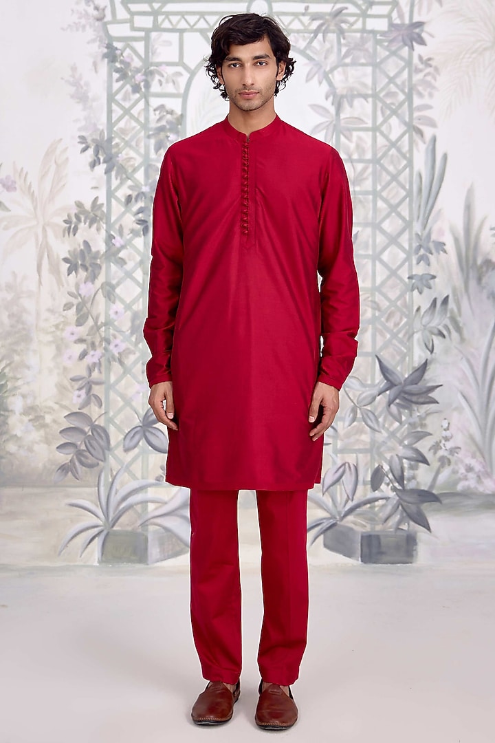 Maroon Cotton Silk & Brocade Nehru Jacket Set by Shyam Narayan Prasad Men at Pernia's Pop Up Shop