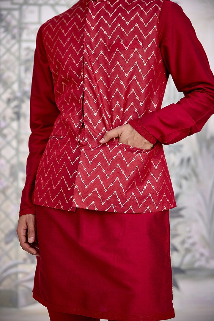 Maroon Cotton Silk & Brocade Nehru Jacket Set by Shyam Narayan Prasad Men at Pernia's Pop Up Shop