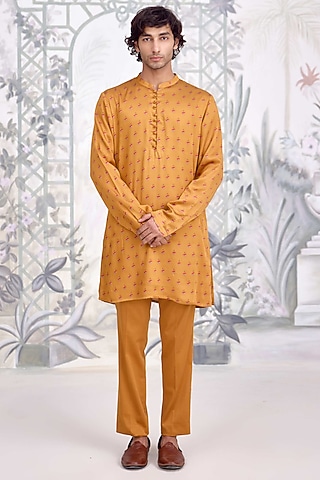 Mustard Cotton Satin Printed Kurta Set by Shyam Narayan Prasad Men
