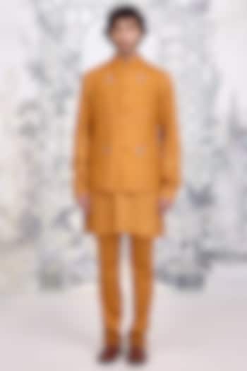Mustard Cotton Satin Printed Nehru Jacket Set by Shyam Narayan Prasad Men at Pernia's Pop Up Shop