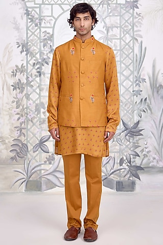 Mustard Cotton Satin Printed Nehru Jacket Set by Shyam Narayan Prasad Men