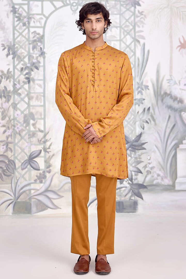 Mustard Cotton Satin Printed Nehru Jacket Set by Shyam Narayan Prasad Men at Pernia's Pop Up Shop