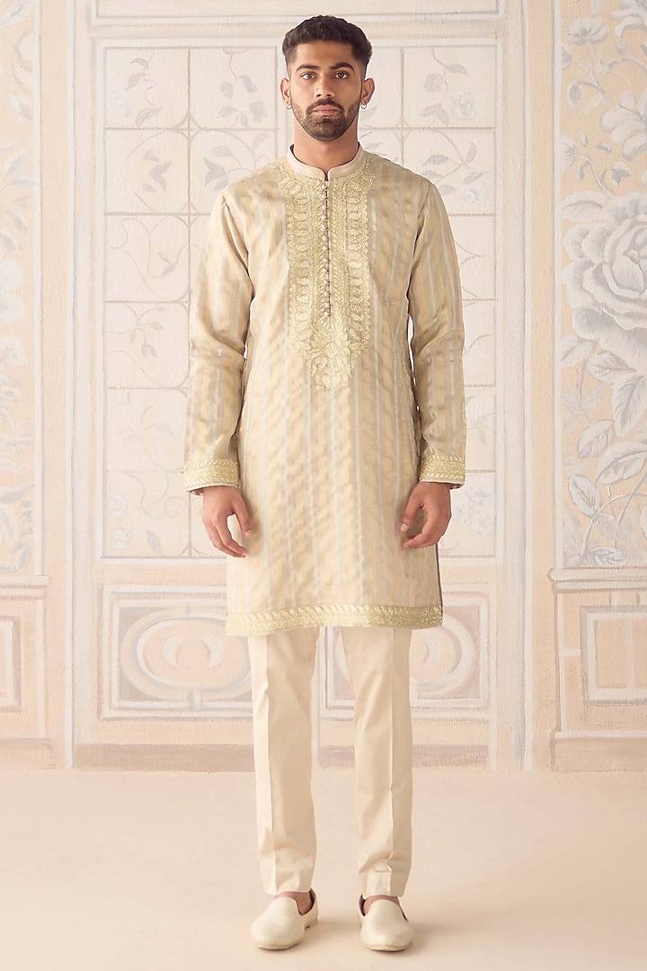 Oyster Grey Metallic Organza Silk Applique Embroidered Kurta Set by Shyam Narayan Prasad Men at Pernia's Pop Up Shop