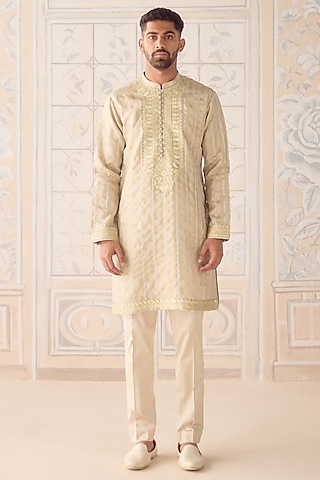 Oyster Grey Metallic Organza Silk Applique Embroidered Kurta Set by Shyam Narayan Prasad Men