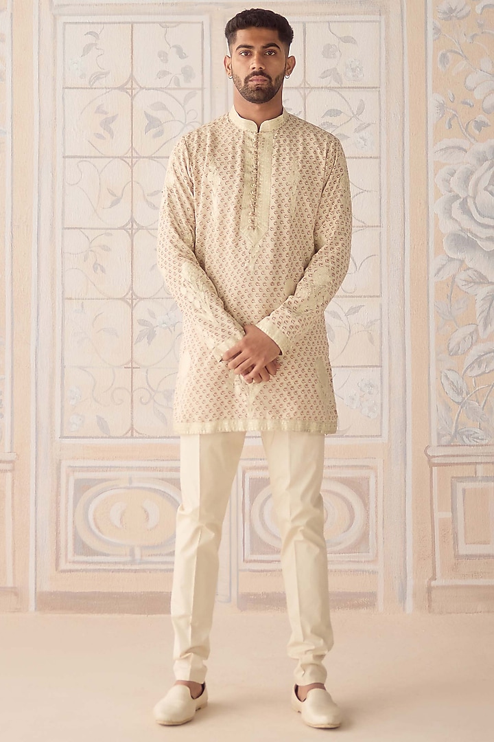 Oyster Grey Metallic Organza Silk Applique Embroidered Kurta Set by Shyam Narayan Prasad Men at Pernia's Pop Up Shop