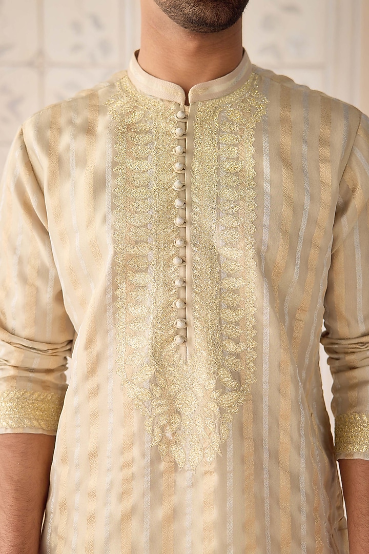 Oyster Grey Metallic Organza Silk Applique Embroidered Kurta Set by Shyam Narayan Prasad Men at Pernia's Pop Up Shop