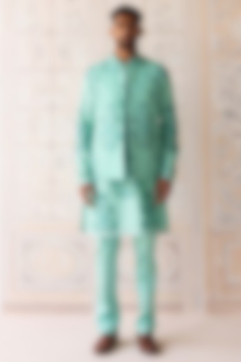 Plum Blue Dola Silk Hand Block Printed Nehru Jacket Set by Shyam Narayan Prasad Men at Pernia's Pop Up Shop