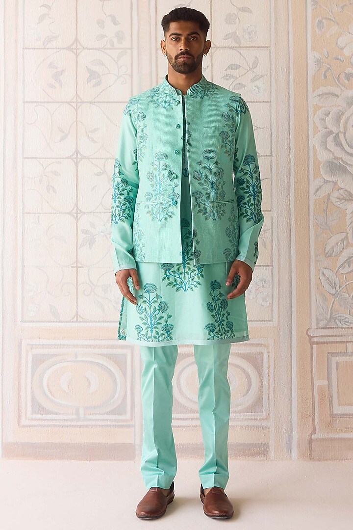 Plum Blue Dola Silk Hand Block Printed Nehru Jacket Set by Shyam Narayan Prasad Men at Pernia's Pop Up Shop