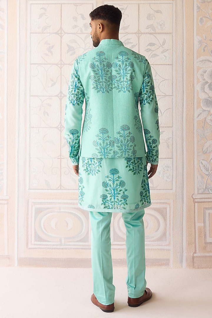 Plum Blue Dola Silk Hand Block Printed Nehru Jacket Set by Shyam Narayan Prasad Men at Pernia's Pop Up Shop
