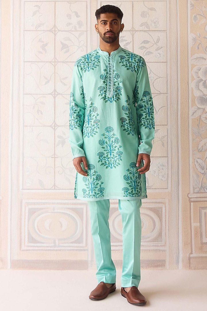 Plum Blue Dola Silk Hand Block Printed Nehru Jacket Set by Shyam Narayan Prasad Men at Pernia's Pop Up Shop
