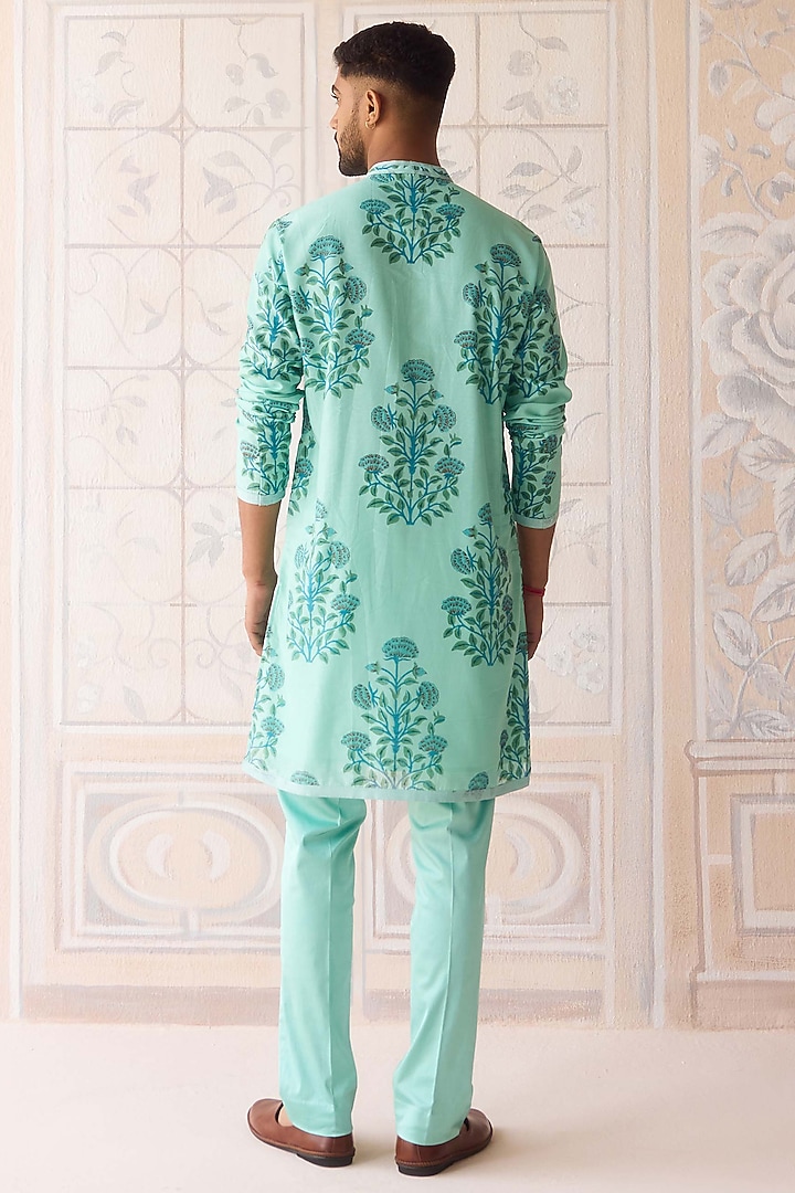 Plum Blue Dola Silk Hand Block Printed Nehru Jacket Set by Shyam Narayan Prasad Men at Pernia's Pop Up Shop
