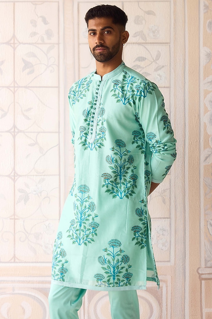 Plum Blue Dola Silk Hand Block Printed Nehru Jacket Set by Shyam Narayan Prasad Men at Pernia's Pop Up Shop