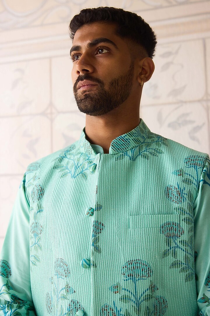 Plum Blue Dola Silk Hand Block Printed Nehru Jacket Set by Shyam Narayan Prasad Men at Pernia's Pop Up Shop