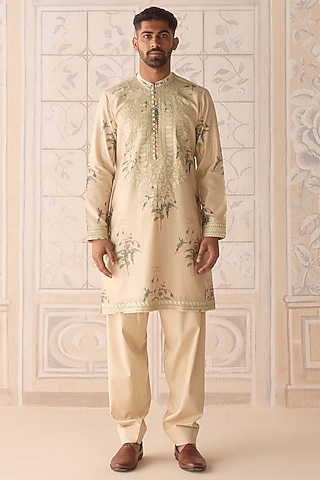 Sanshell-Colored Chanderi Applique Embroidered Kurta Set by Shyam Narayan Prasad Men